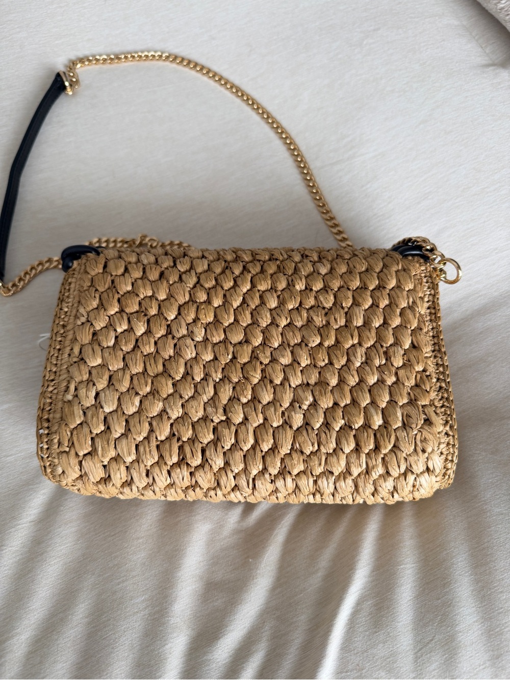 Tory Burch Tan Woven Crossbody with Black Trim and Gold Chain - Picture 4 of 8